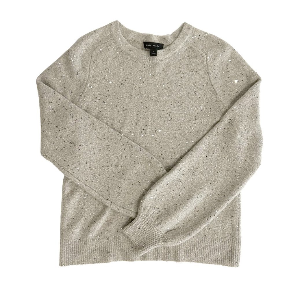 Ann Taylor Women's Sequin Crew Neck Sweater, Ivory, Small